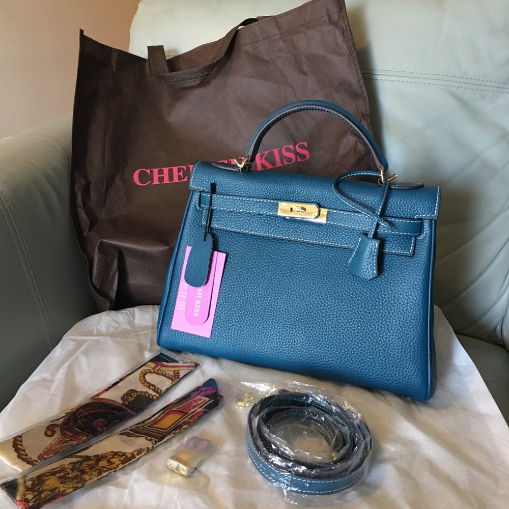 Cherish Kiss 32 CM Peacock Blue Leather Bag
